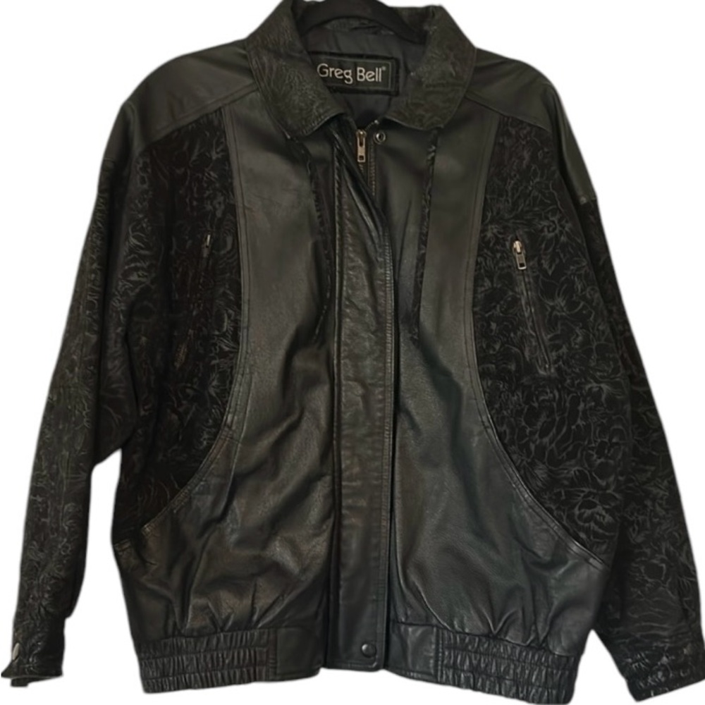 Greg Bell black leather jacket with paisley suede panels.
